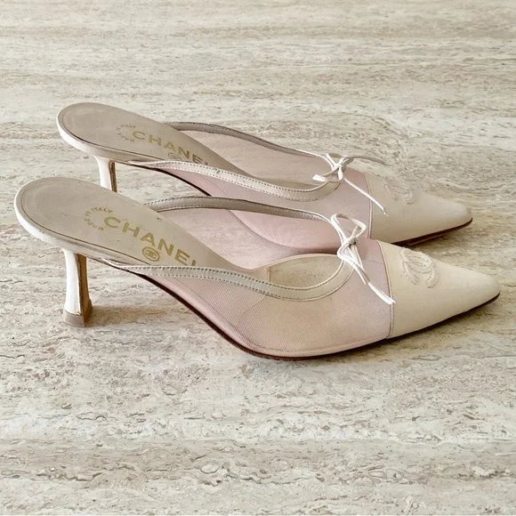 Vintage Chanel Mesh CC Bow Cap Toe Mule Heels - Picture 4 of 9